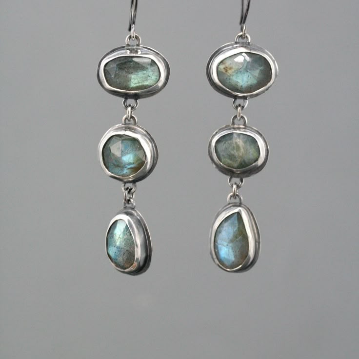 Dangling Grey Stone Silver Earrings