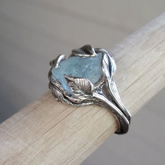 Blue Forged Glass Stone Leaf Ring