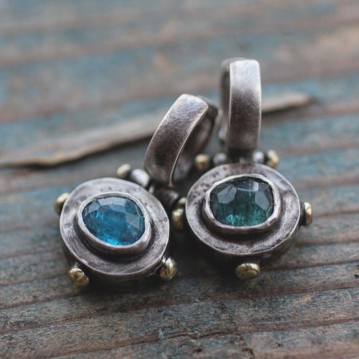 Vintage Blue Rounded Stone Silvered Earrings