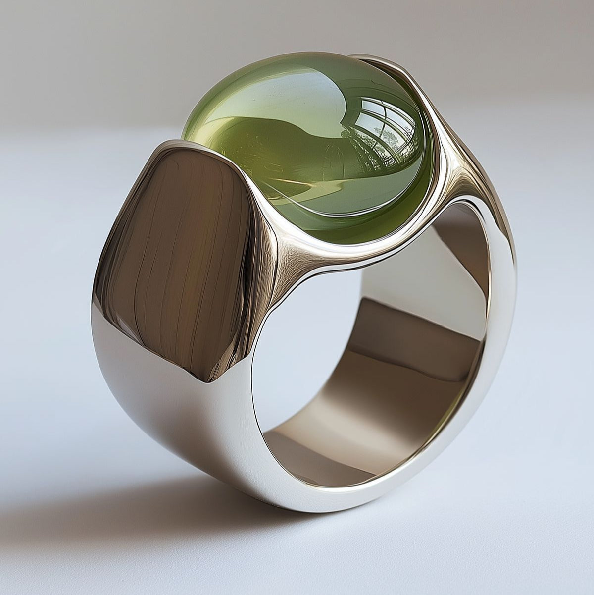 Green Olive Round Glass Static Ring