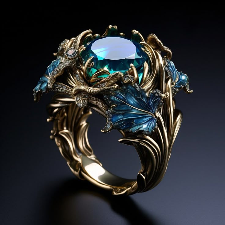 Exotic Blue Enamel Zirconia Gold Ring