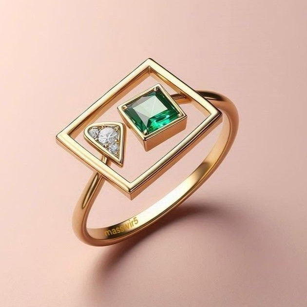 Exotic Inlaid Fine Green Glass Gold Ring