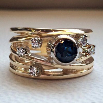 Layered Inlaid Blue Glass Gold Ring