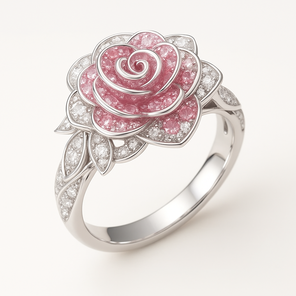 Exotic Pink Blossom Silvered Ring