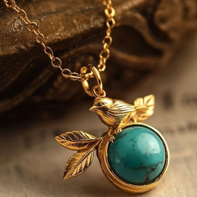Exotic Blue Stone Hummingbird Gold Necklace