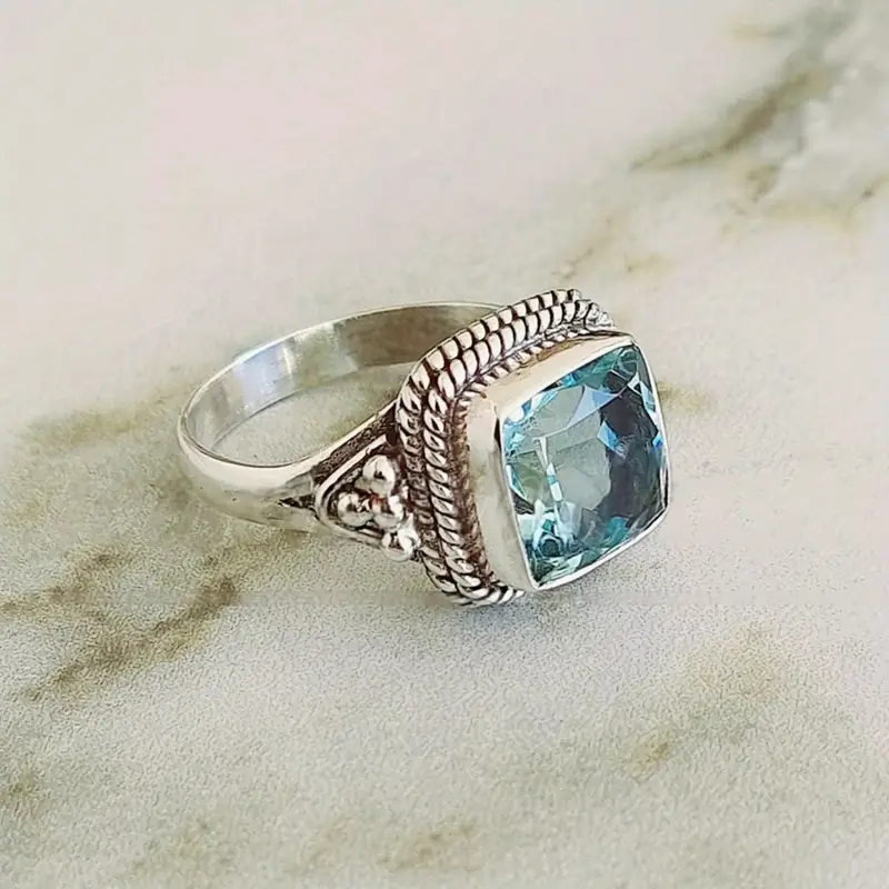 Blue Stone Silver Bead Ring