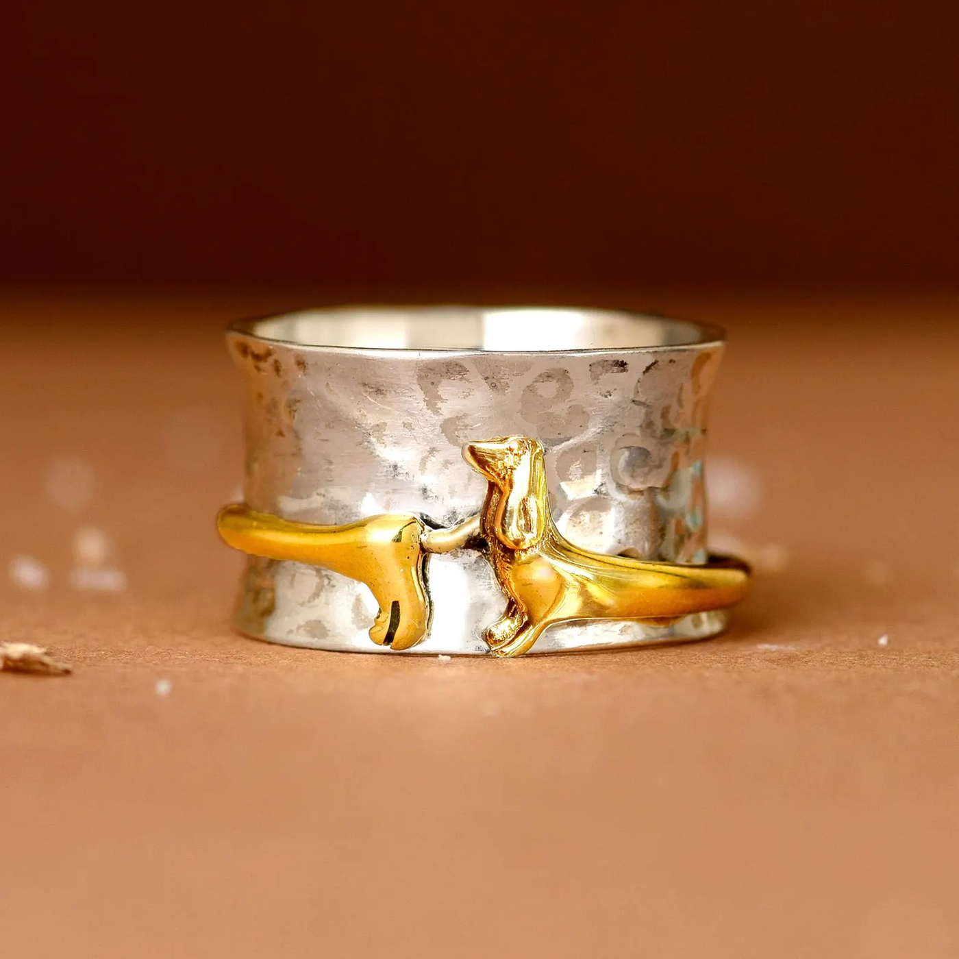 Silvered Gold Sausage Dog Ring