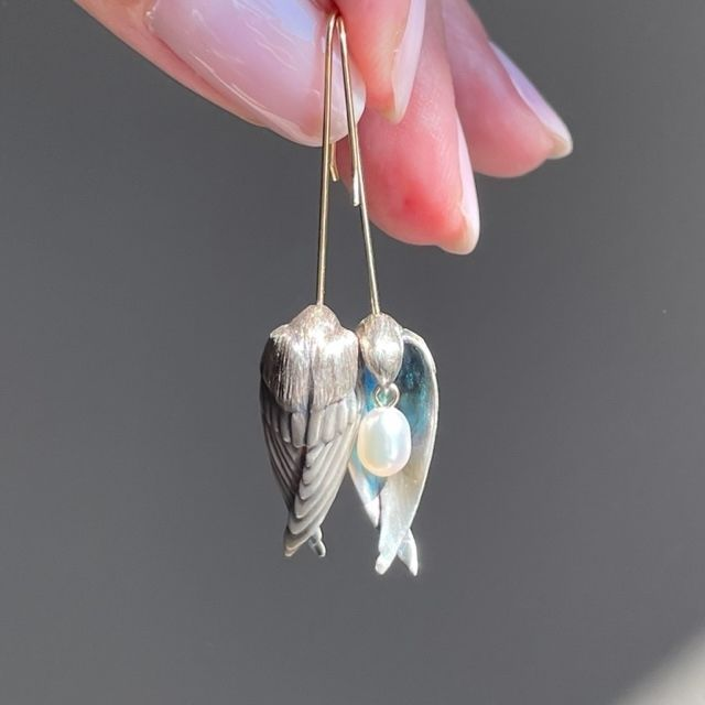 Pearl Silver Feather Earrings