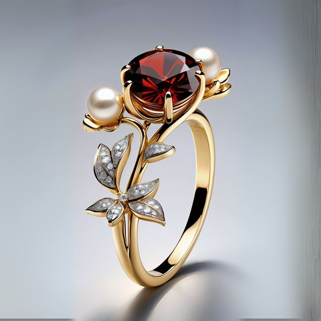 Red Crystal Pearl Flower Ring