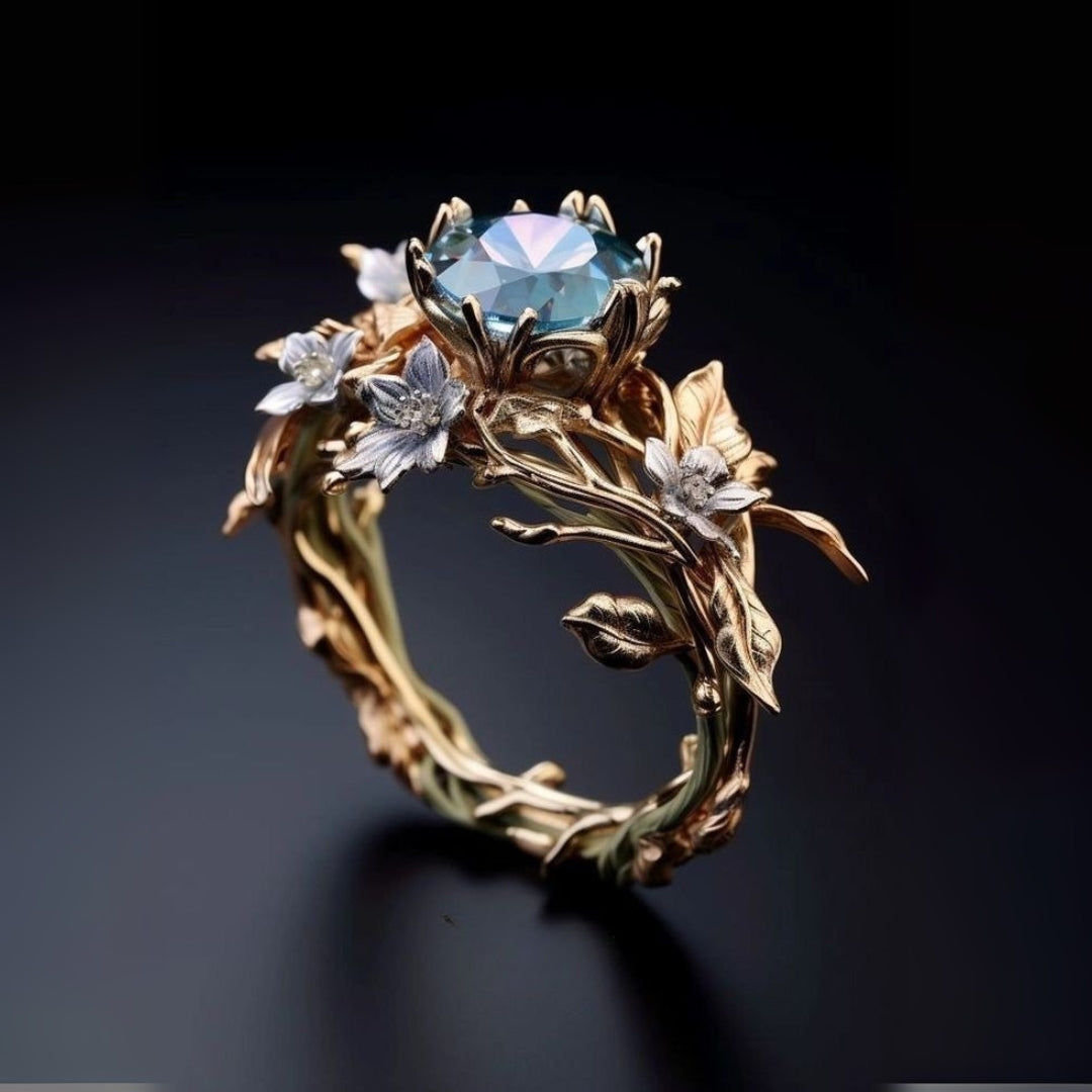 Blue Crystal Exotic Branch Gold Ring