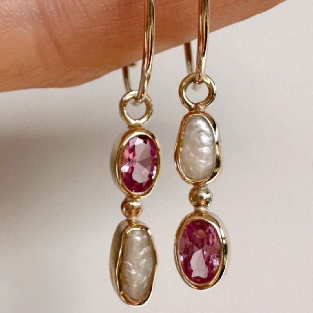 Dangling White & Red Stone Earrings