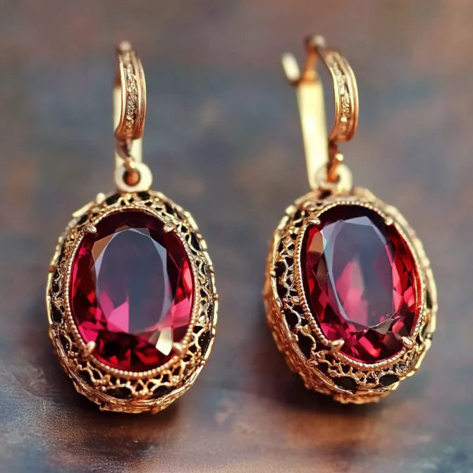 Vintage Red Crystal Gold Earrings