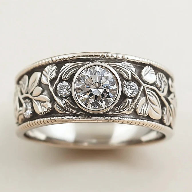 Vintage Silver Leaf Zirconia Ring