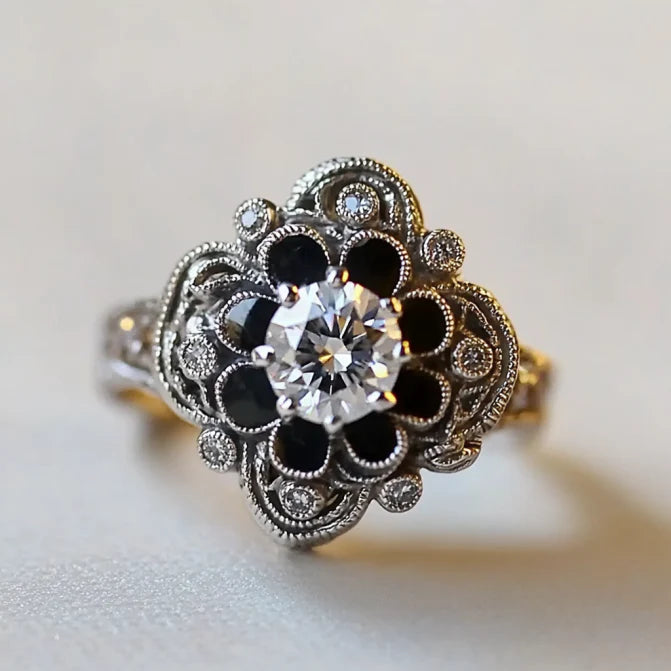 Vintage Black Zirconia Flower Ring