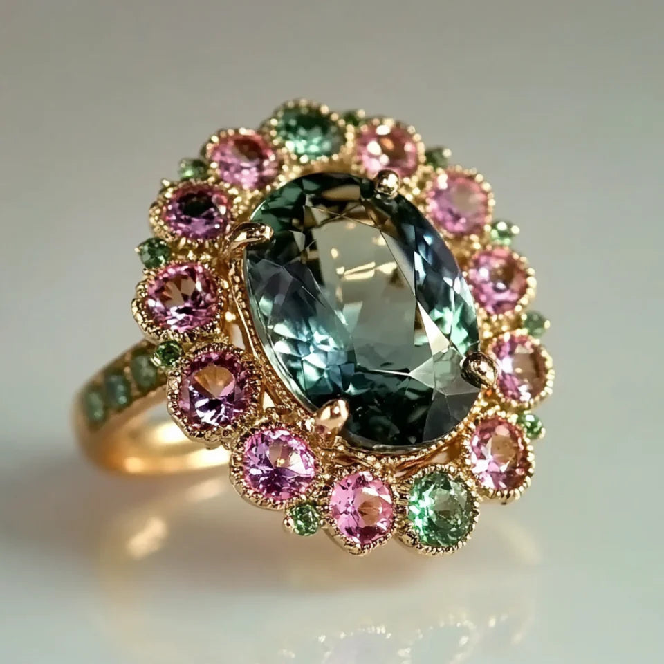Vintage Rounded Pink & Green Glass Ring