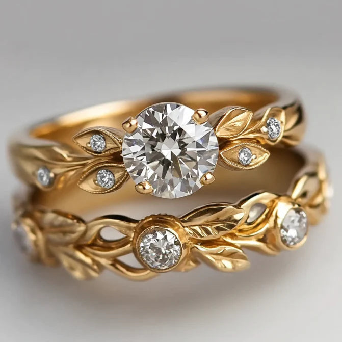 Vintage Gold Leaf Zirconia Ring Set
