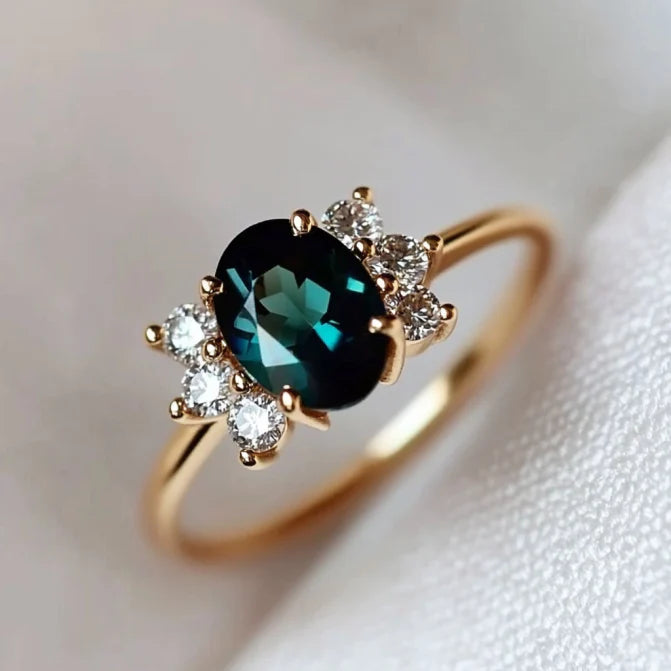 Vintage Turquoise Glass Zirconia Gold Ring